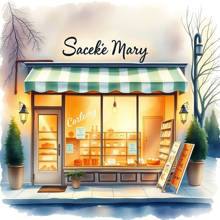 A cozy bakery storefront at dawn, warm light, watercolor style